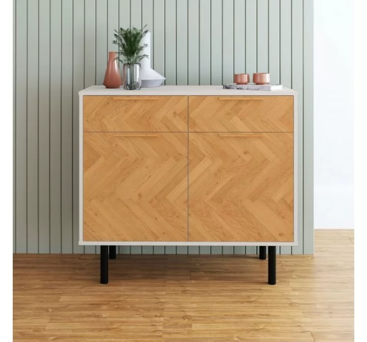 Manhattan Comfort Mid-Century Modern Liam Sideboard with 4 Shelves in White and Wood