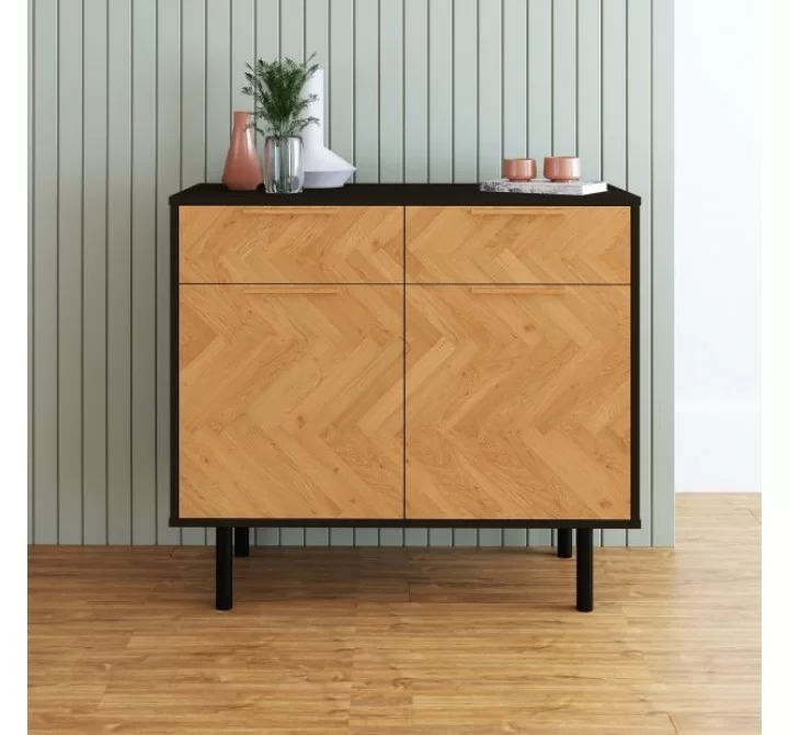 Manhattan Comfort Mid-Century Modern Liam Sideboard with 4 Shelves in Black and Wood
