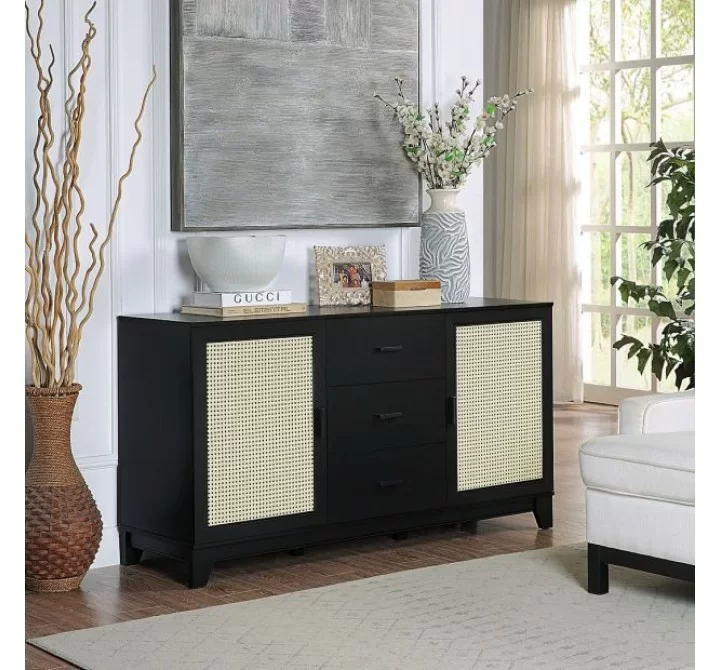 Manhattan Comfort Sheridan 59.05 Modern Cane Sideboard with Adjustable Shelves Black