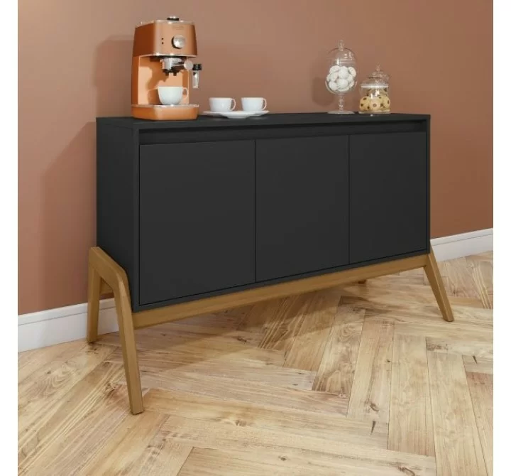 Manhattan Comfort Mid-Century Modern Gales 48.50 Sideboard with Solid Wood Legs In Matte Black Room