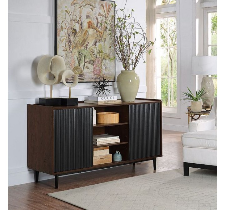 Manhattan Comfort Duane 59.05 Modern Ribbed Sideboard with Adjustable Shelves in Dark Brown And Black