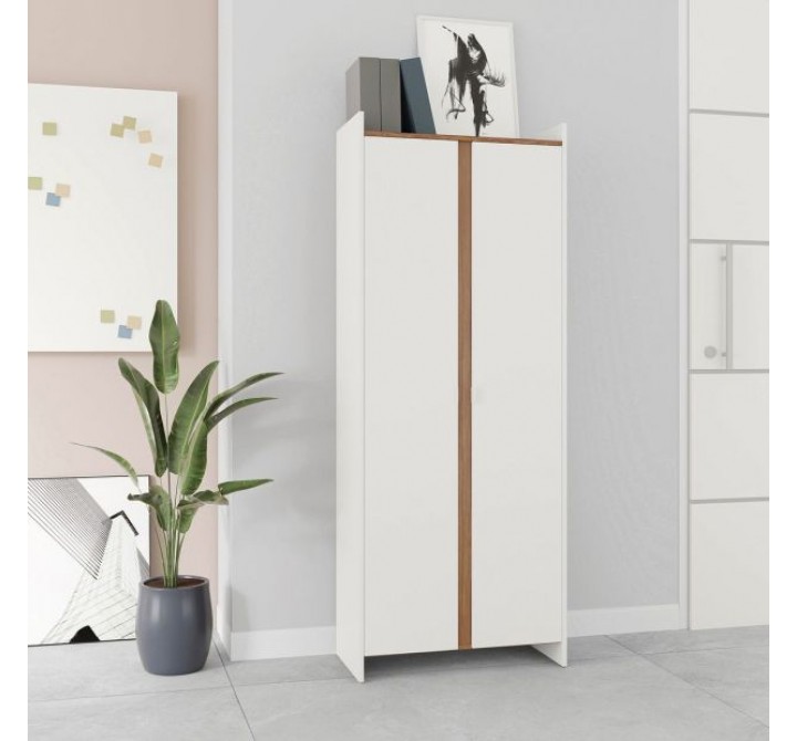 Manhattan Comfort Mid-Century Modern Ratzer Storage Cabinet with 11 Shelves White and Brown