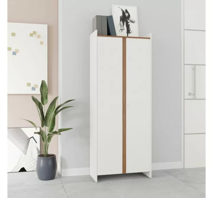 Manhattan Comfort Mid-Century Modern Ratzer Storage Cabinet with 11 Shelves White and Brown