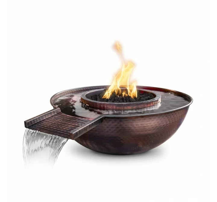 The Outdoor Plus 27" Sedona Hammered Copper Fire and Water Bowl - Gravity Spill