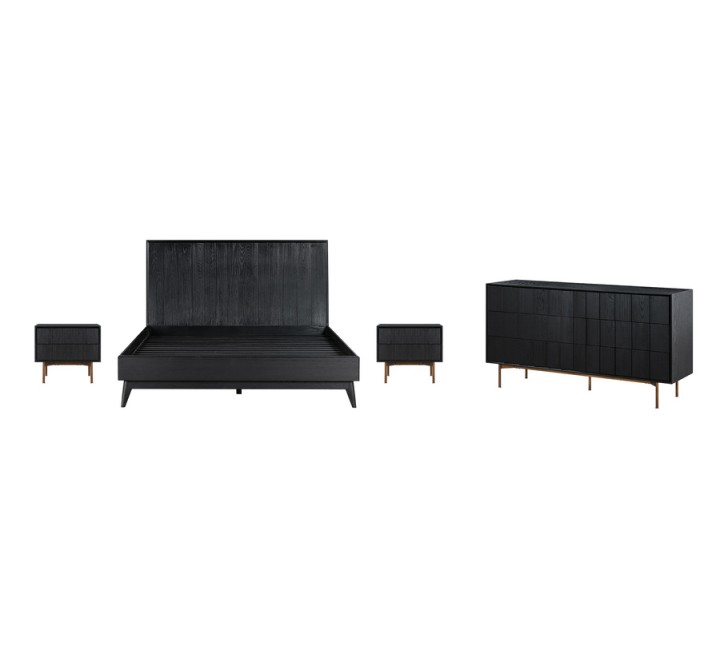 Armen Living Carnaby King 4 Piece Bedroom Set in Black Brushed Oak Wood Set