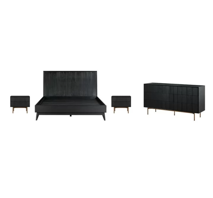 Armen Living Carnaby King 4 Piece Bedroom Set in Black Brushed Oak Wood Set