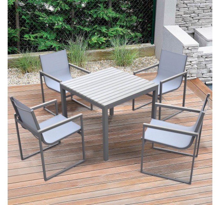 Armen Living Bistro Outdoor Patio Dining Chair In Grey Powder Coated Finish With Grey Sling Textilene And Grey Wood Accent Arms - Set of 2