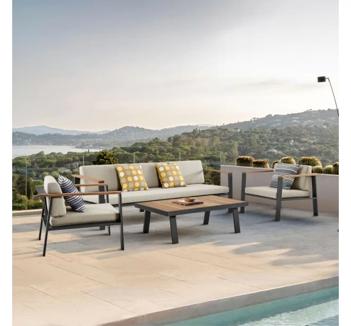Armen Living Nofi 4 piece Outdoor Patio Set In Charcoal/Gray Finish With Taupe/Gray Cushions And Teak Wood