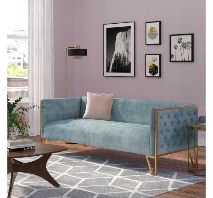 Manhattan Comfort Vector 81.5 in. Ocean Blue and Gold Velvet 3-Seat Sofa