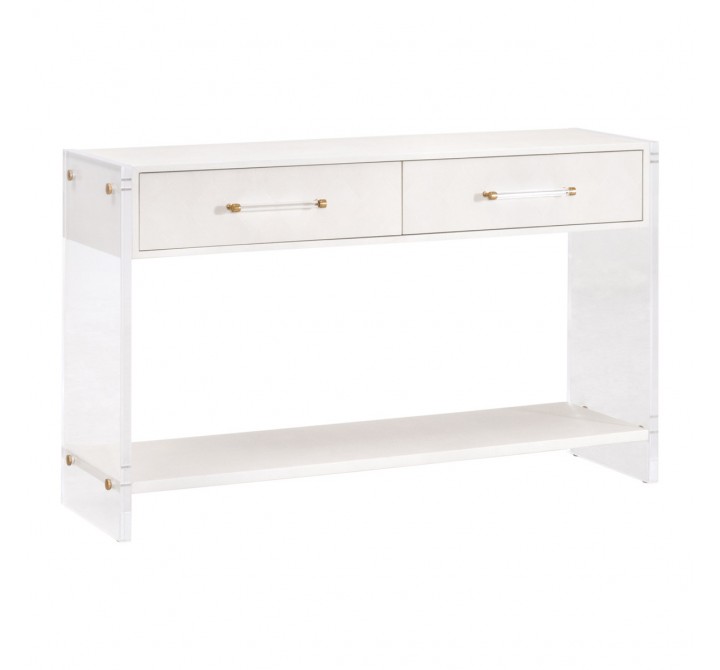 Essentials For Living Sonia Shagreen Console Table - Pearl Shagreen Lucite Brushed Brass - Front Side Angle