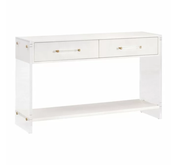 Essentials For Living Sonia Shagreen Console Table - Pearl Shagreen Lucite Brushed Brass - Front Side Angle