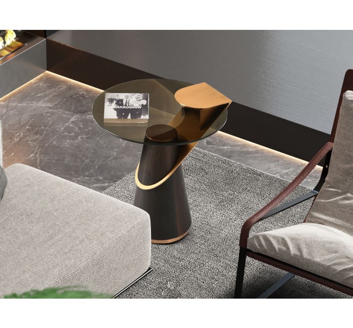 Whiteline Modern Living Zaria Side Table In Glass Top And Rose Gold Stainless-Steel Connection - Lifestyle Close-up