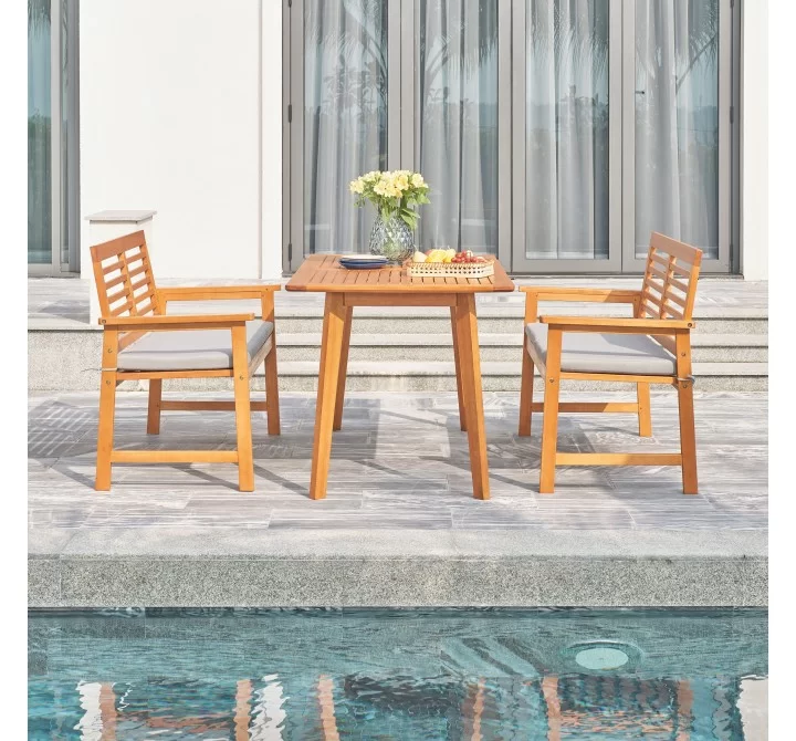 Vifah Waimea Honey 3-Piece Slatted Eucalyptus Wood Patio Dining Set with Bench and Cushion, Front Angle
