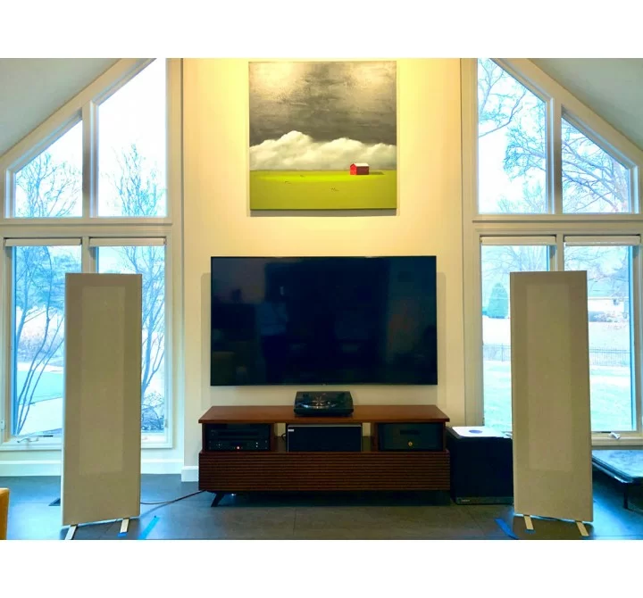 Furnitech 70” Mid-Century Modern TV Stand Media Console for Flat Screen and Audio Video Installations with a cognac finish over Brazilian cherry veneers and solid black cherry wood legs - Lifestyle