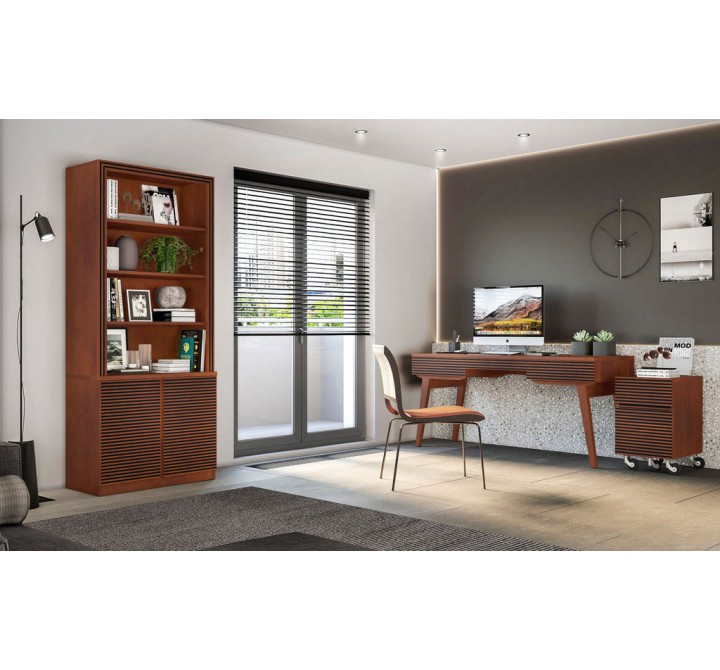 Furnitech 66" Mid - Century Modern Writing Desk with a cognac finish over Brazilian cherry veneers; solid Brazilian cherry wood legs - Lifestyle