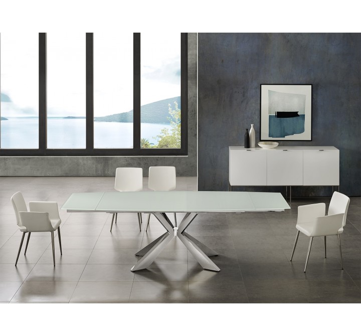 Icon Dining Table In White Glass With Polished Stainless Steel Base - Lifestyle