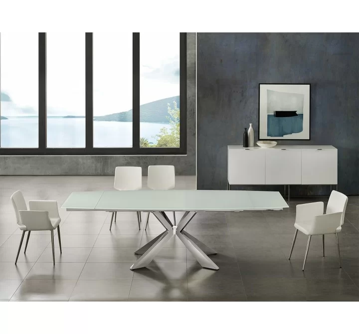 Icon Dining Table In White Glass With Polished Stainless Steel Base - Lifestyle