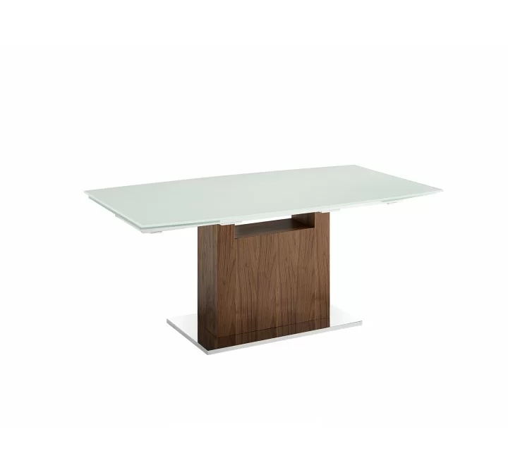 Olivia Dining Table In White Glass With Walnut Veneer Base - Angled Unextended
