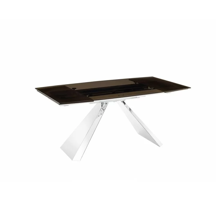 Stanza Dining Table In Smoked Glass With Polished Stainless Steel Base - Angled