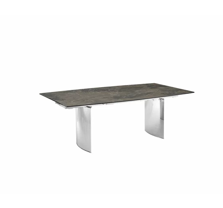 Casabianca ALLEGRIA Dining Table In Brown Marbled Porcelain Top On Glass With Polished Stainless Steel Base - Angled