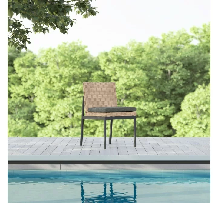 Azzurro Terra Armless Dining Chair With Matte Charcoal Aluminum Frame and Natural All-Weather Wicker - Lifestyle