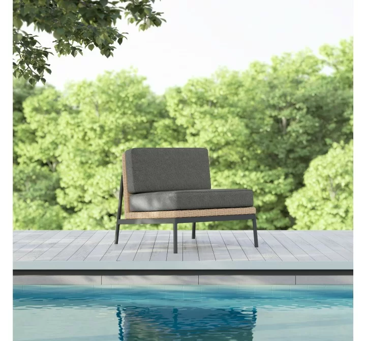 Azzurro Terra Club Chair In Matte Charcoal Aluminum And Natural All-Weather Wicker With Midnight Cushion - Lifestyle