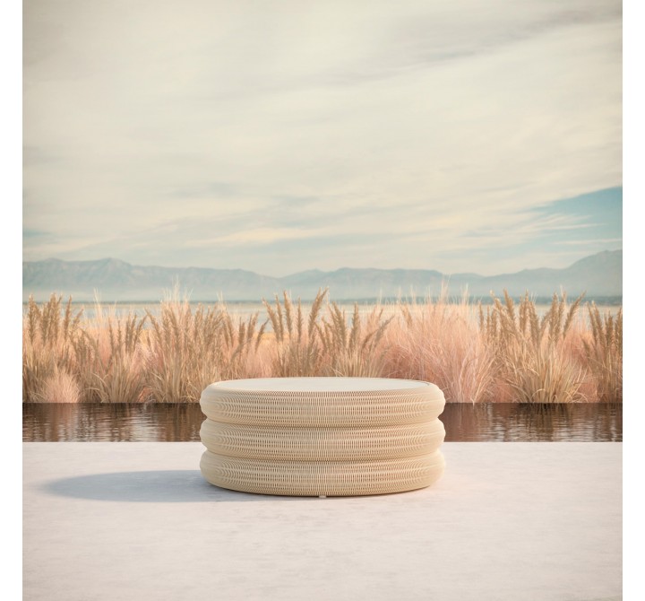 Azzurro Living Texoma Coffee Table With Dekton Top Base Only With Natural Aluminum Frame And Almond All-Weather Wicker - Lifestyle