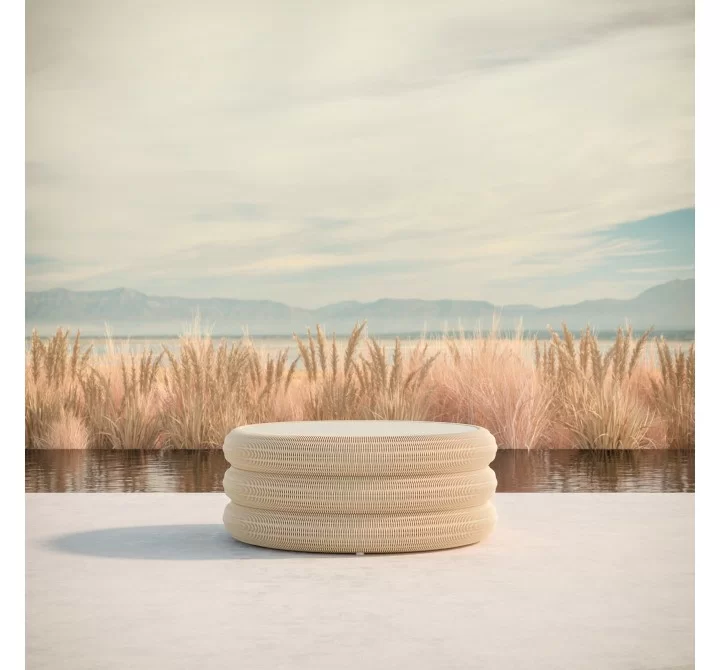 Azzurro Living Texoma Coffee Table With Dekton Top Base Only With Natural Aluminum Frame And Almond All-Weather Wicker - Lifestyle
