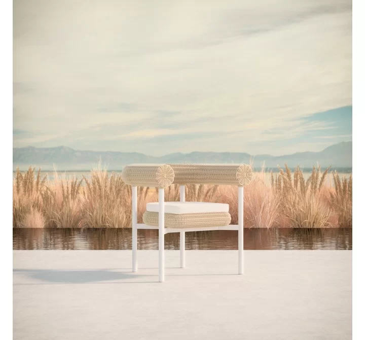 Azzurro Texoma Dining Chair With Natural Aluminum Frame And Almond All-Weather Wicker - Lifestyle