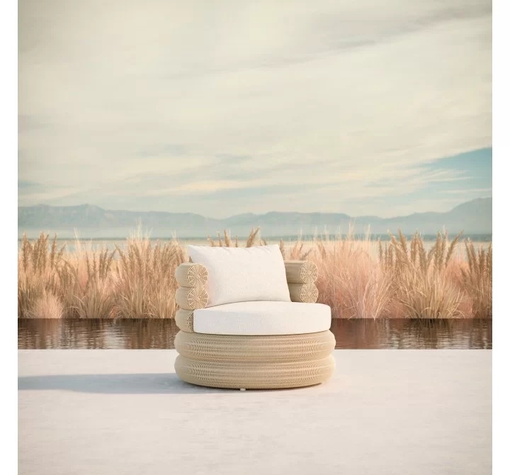 Azzurro Texoma Swivel Club Chair In Natural Aluminum And Almond All-Weather Wicker With Cloud Cushion - Lifestyle