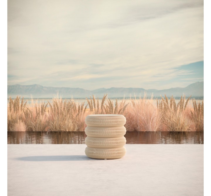 Azzurro Living Texoma Side Table With Dekton Top Base Only With Natural Aluminum And Almond All-Weather Wicker - Lifestyle