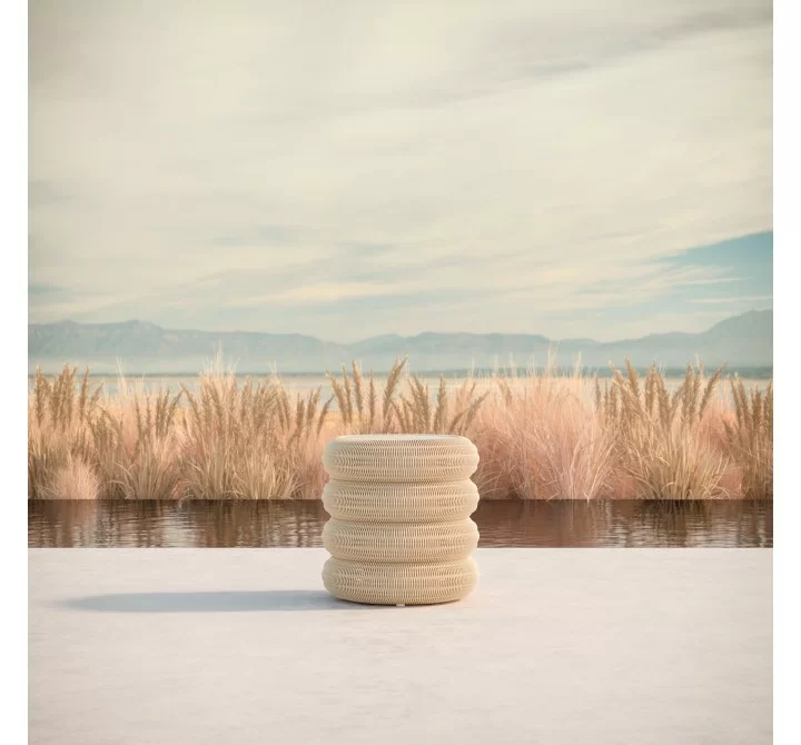 Azzurro Living Texoma Side Table With Dekton Top Base Only With Natural Aluminum And Almond All-Weather Wicker - Lifestyle