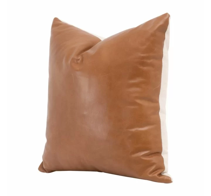 Essentials For Living The Better Together 22" Essential Pillow in Whiskey Brown Top Grain Leather, Jute - Set of Two - Front Side Angle