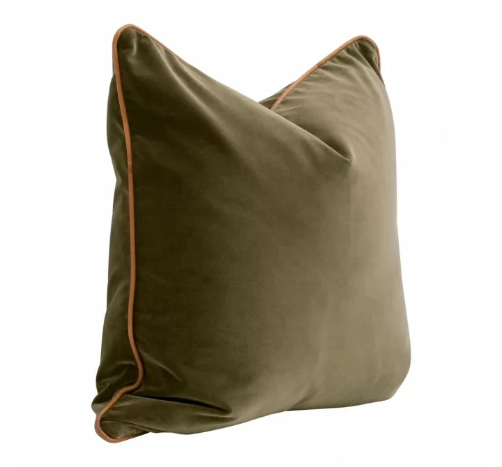 Essentials For Living the Not So Basic 22" Olive Velvet, Whiskey Brown Top Grain Leather Piping Essential Pillow - Set of 2 in Front Side Angle
