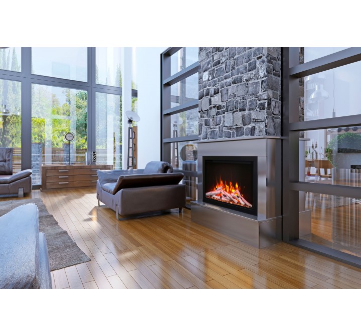 Amantii 33” Fireplace With A Steel Trim and Glass Inlay - 10 Piece Log Set With Remote And Cord - Lifestyle 1