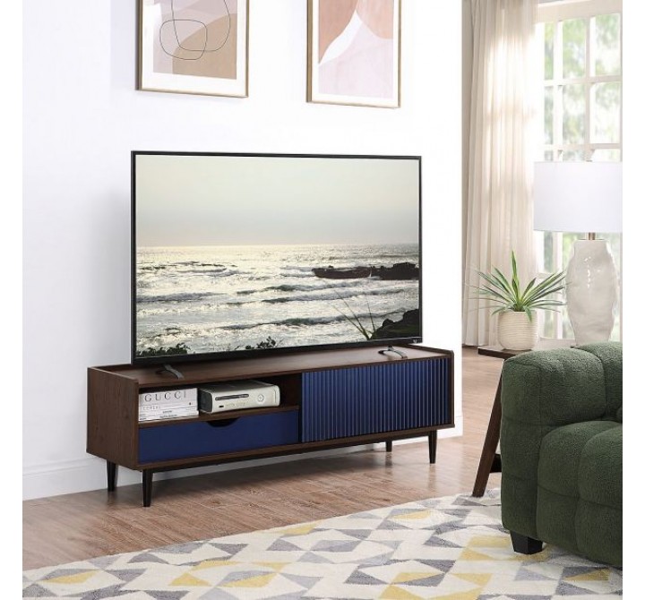 Manhattan Comfort Duane 59.25 Modern Ribbed TV Stand in Dark Brown And Blue