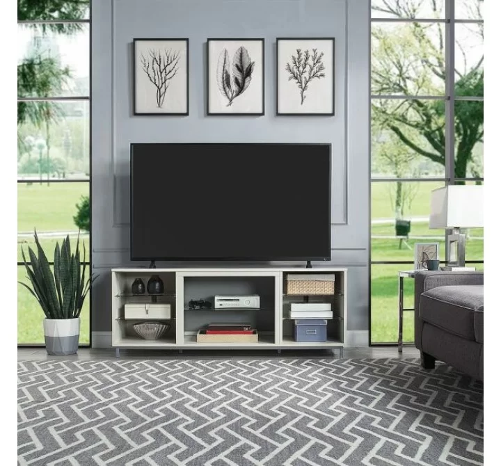 Manhattan Comfort Brighton 60" TV Stand with Glass Shelves and Media Wire Management in Beige