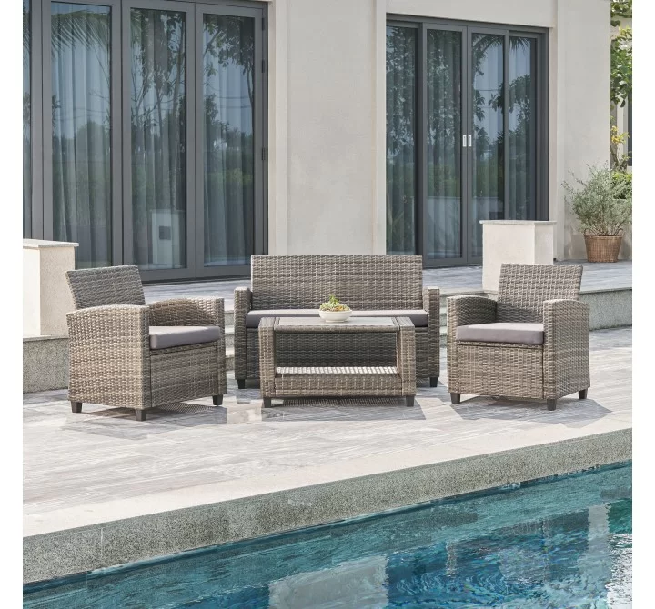 Vifah Gabrielle Resin Wicker Mixed Acacia Wood Patio Lounge Sofa Set in Grey with Cushion, Frontview