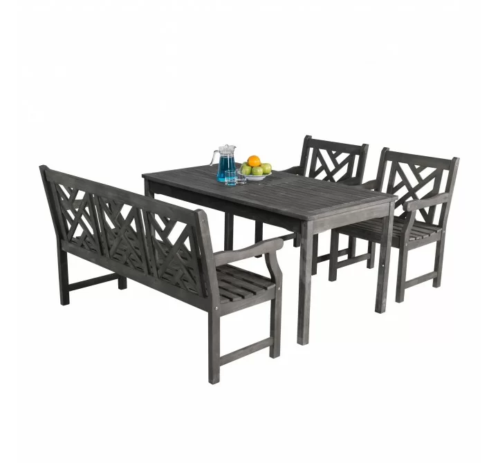 Renaissance Outdoor 4-piece Hand-scraped Wood Patio Dining Set with 4-foot Bench - White BG