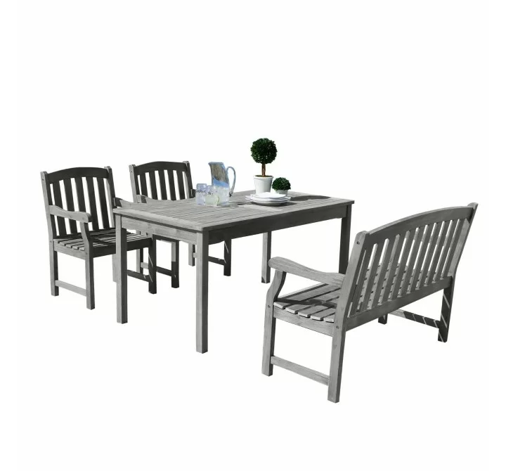 Renaissance Outdoor 4-piece Hand-scraped Wood Patio Dining Set with 4-foot Bench - White BG