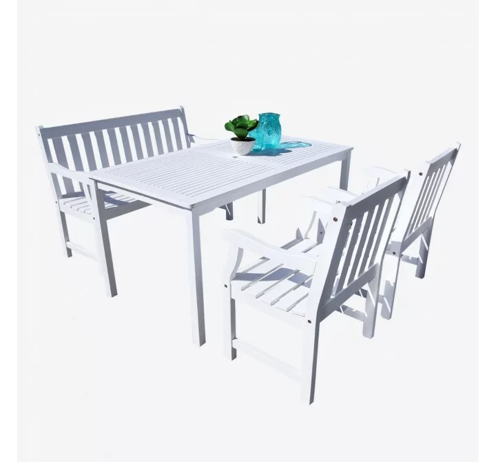 Bradley Outdoor 4-piece Wood Patio Dining Set with 4-foot Bench in White - White BG