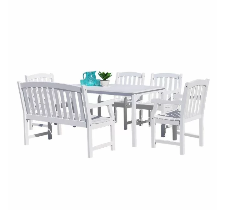 Bradley Outdoor 6-piece Wood Patio Dining Set with 4-foot Bench in White - White BG