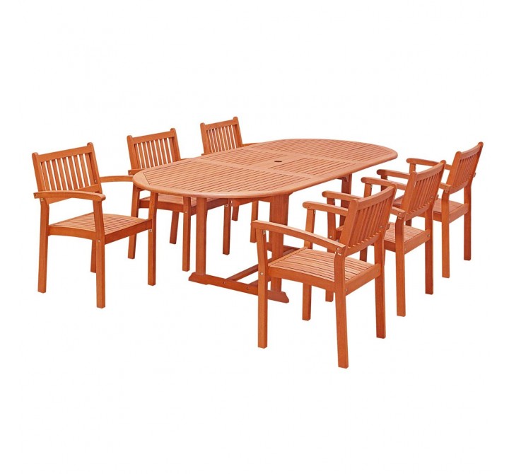 Malibu 7-piece Wood Outdoor Dining Set with Extension Table and Stacking Chairs - White BG