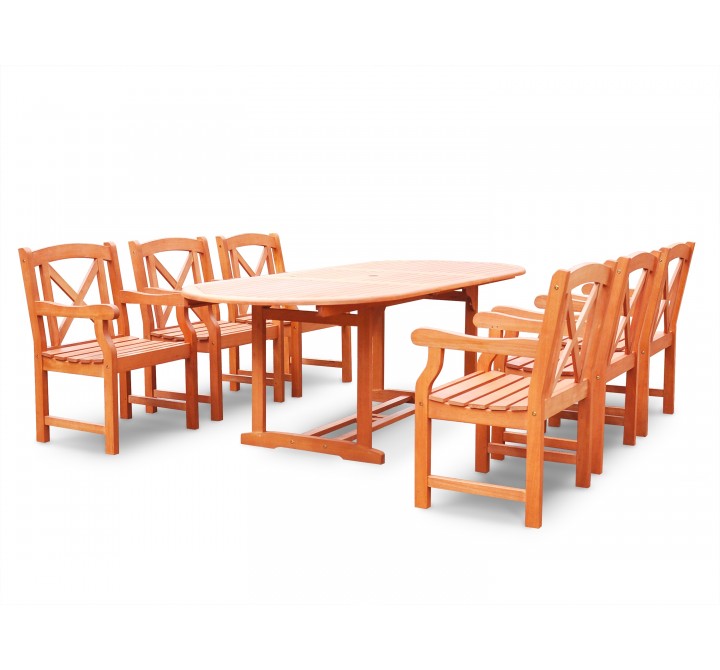 Malibu Eco-friendly 7-piece Outdoor Hardwood Dining Set with Oval Extention Table and Arm Chairs - Angled