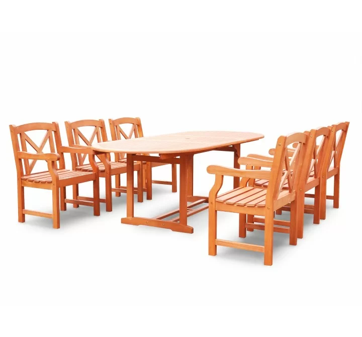Malibu Eco-friendly 7-piece Outdoor Hardwood Dining Set with Oval Extention Table and Arm Chairs - Angled