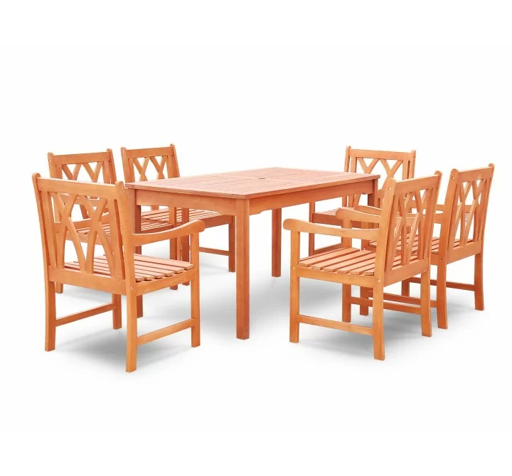 Malibu Eco-friendly 7-piece Outdoor Hardwood Dining Set with Rectangle Table and Arm Chairs - Angled