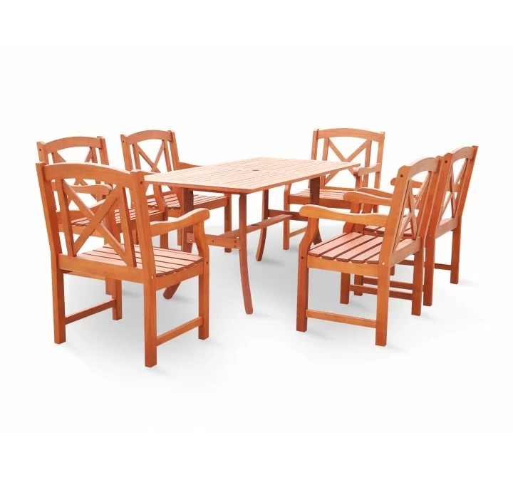 Malibu Eco-friendly 7-piece Outdoor Hardwood Dining Set with Rectangle Table and Arm Chairs - Angled