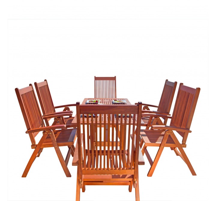 Malibu Outdoor 7-piece Wood Patio Dining Set with Curvy Leg Table & Reclining Chairs - White BG
