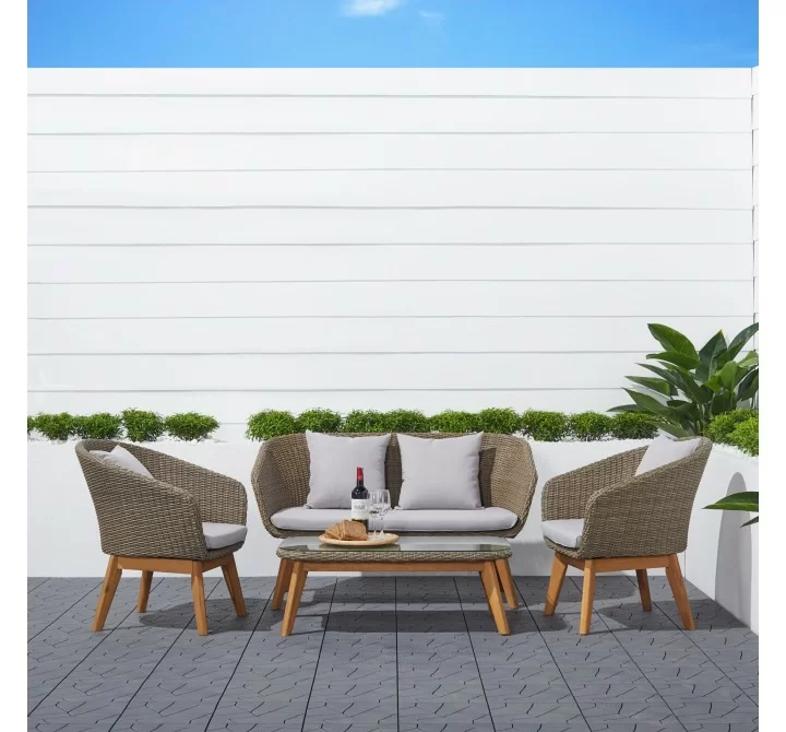 Grayton 4-piece Rustic All-Weather Patio Wood and Wicker Conversation Set in Mocha - Lifestyle