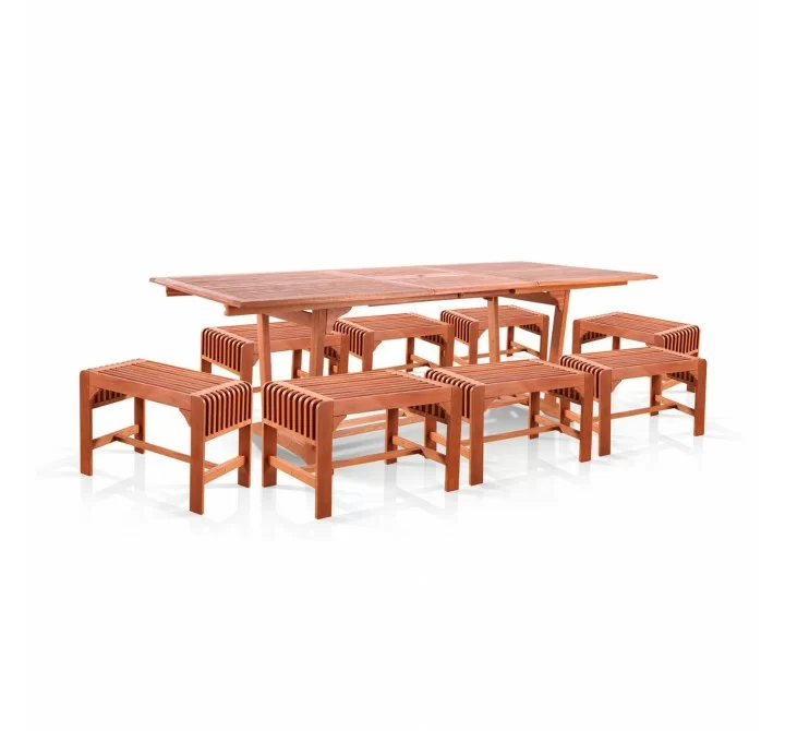 Malibu Outdoor 9-piece Wood Patio Dining Set with Extension Table & Backless Chairs - White BG